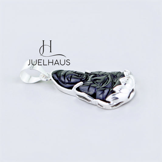 JUELHAUS Silver Pendant with the Image of Bodhisattva Avalokiteshvara, Black Agate, Silver-Plated, Simple and Beautiful