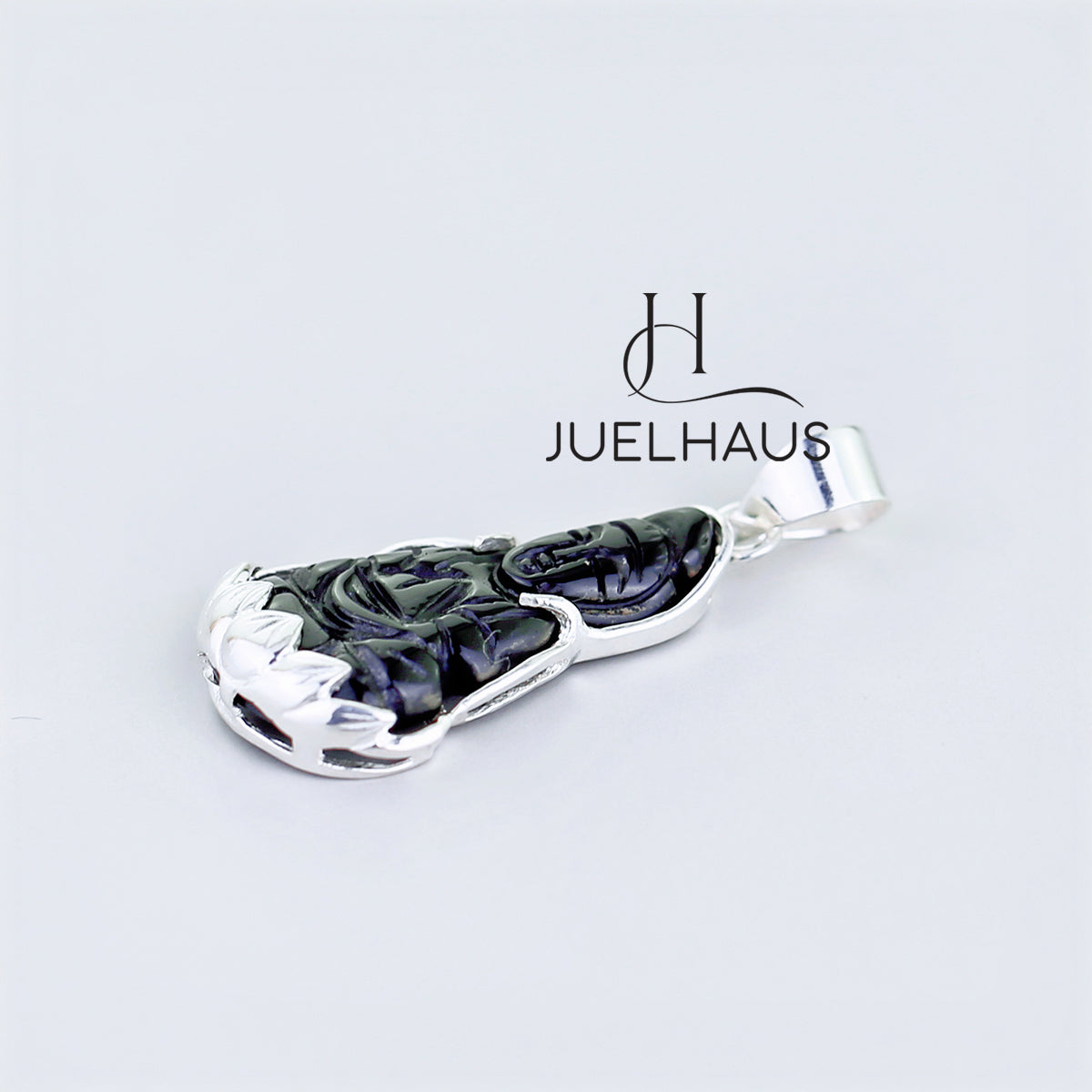 JUELHAUS Silver Pendant with the Image of Bodhisattva Avalokiteshvara, Black Agate, Silver-Plated, Simple and Beautiful