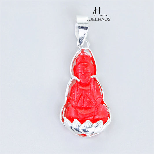 JUELHAUS Silver Pendant with the Image of Bodhisattva Avalokiteshvara Made of Red Agate and Covered with Plain Silver Border