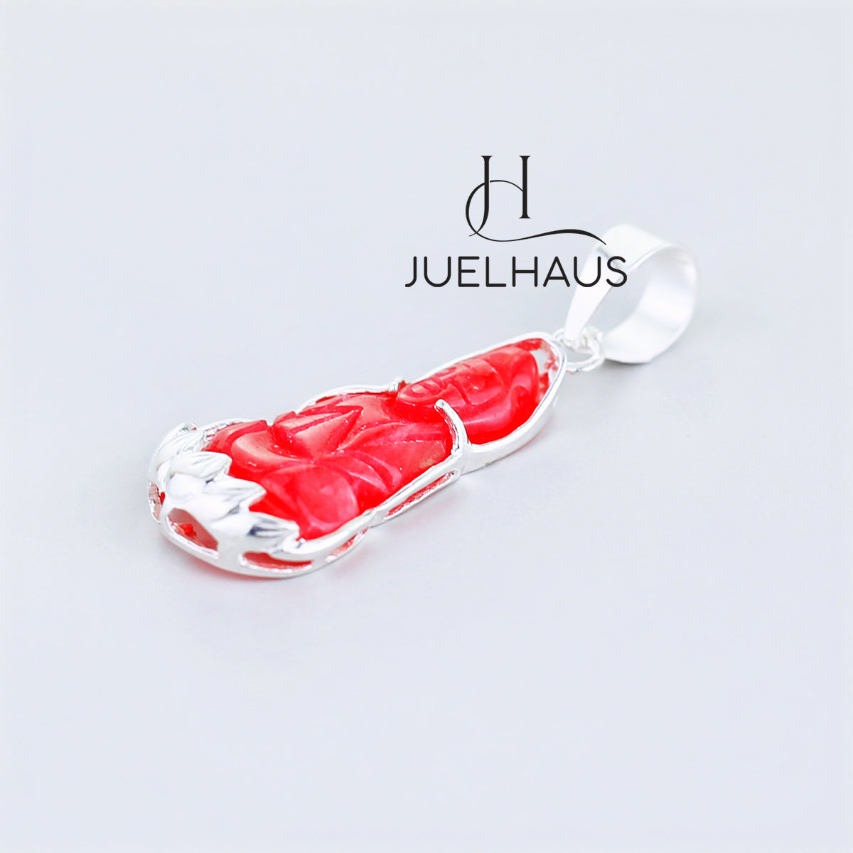 JUELHAUS Silver Pendant with the Image of Bodhisattva Avalokiteshvara Made of Red Agate and Covered with Plain Silver Border