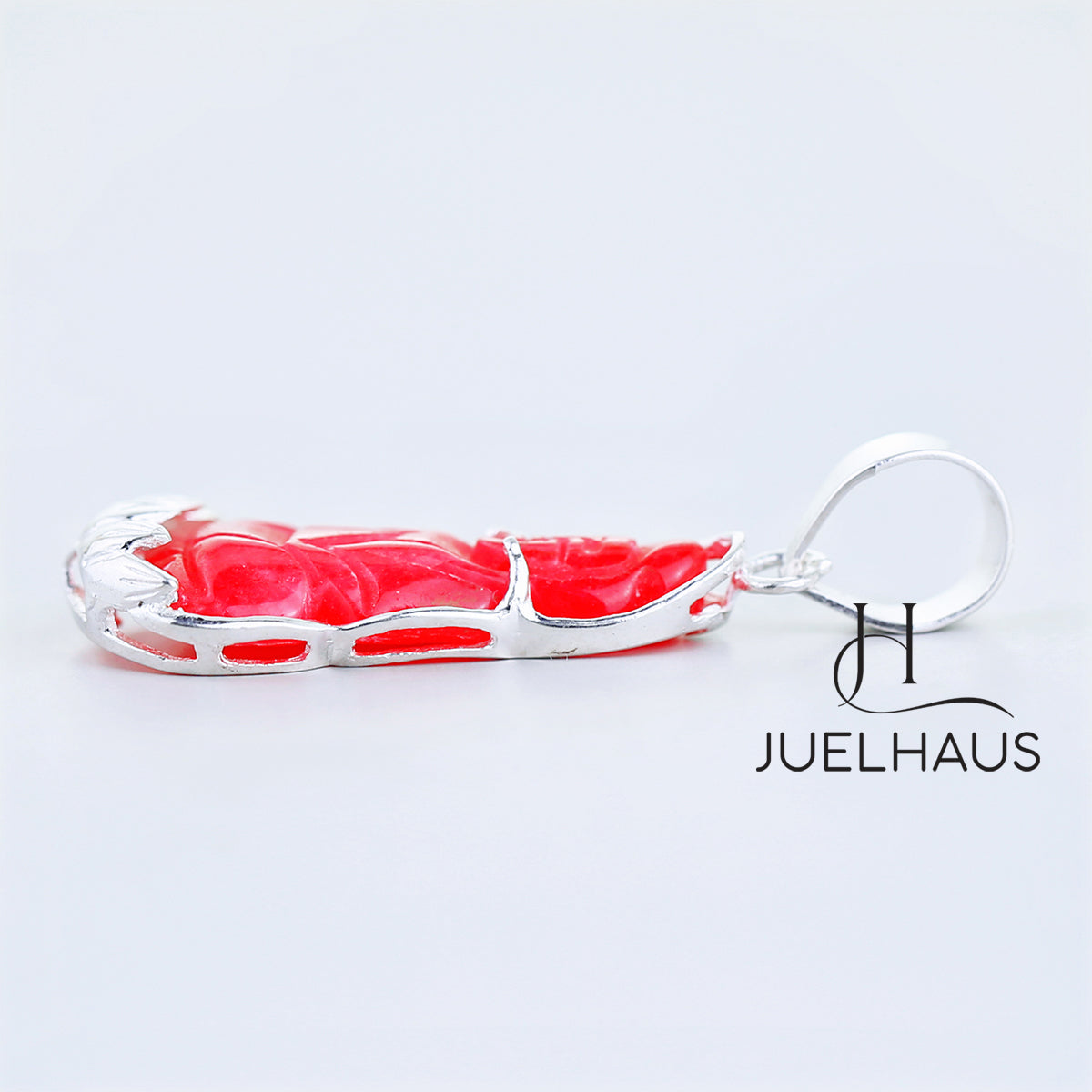 JUELHAUS Silver Pendant with the Image of Bodhisattva Avalokiteshvara Made of Red Agate and Covered with Plain Silver Border