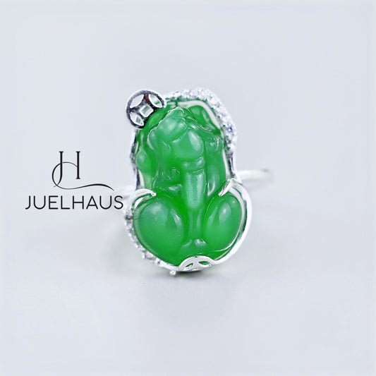 JUELHAUS Silver Pixiu Ring with Colorful Feng Shui Stone Holding Lucky Coin