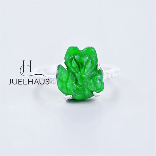 JUELHAUS Small and Pretty Green Jade Fox Silver Ring with 2-Sided Stone Border, Exquisite and Outstanding Ring