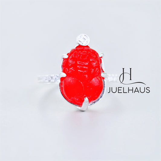 JUELHAUS Silver Pixiu Ring with Colorful Feng Shui Stone Holding Money with 2-Side Stone Border Ring