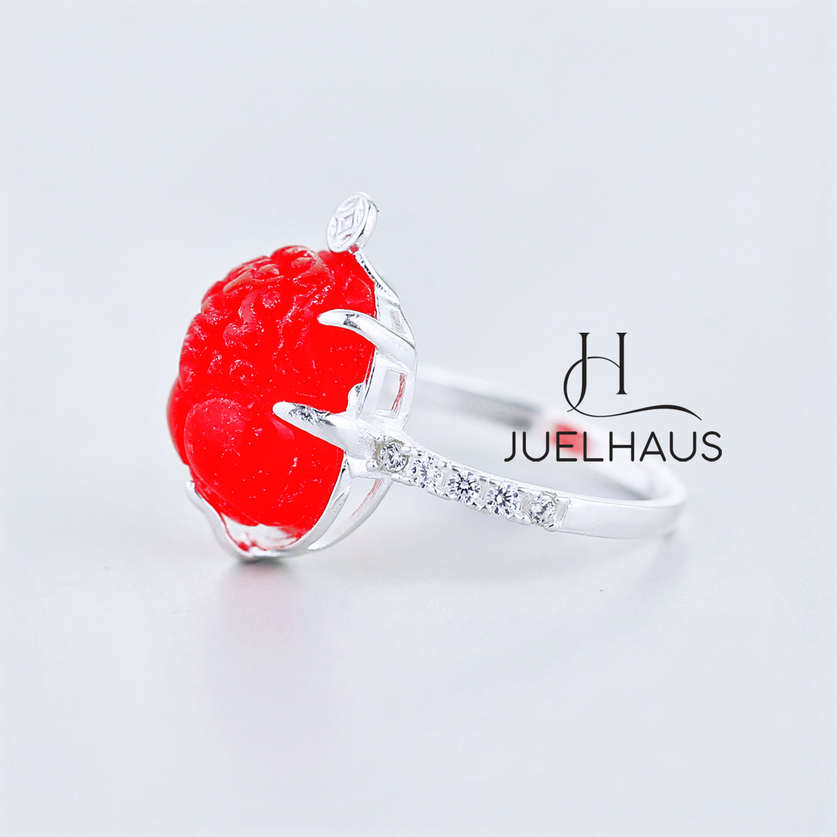 JUELHAUS Silver Pixiu Ring with Colorful Feng Shui Stone Holding Money with 2-Side Stone Border Ring