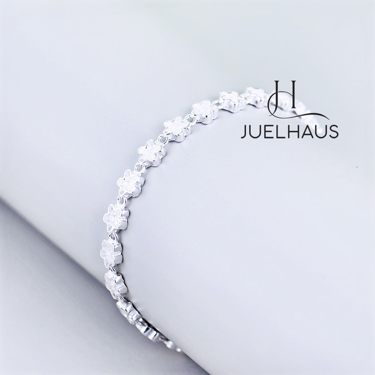 JUELHAUS S990 Pure Silver Bracelet for Women, Plain, No Stones, Shiny Flower Shape