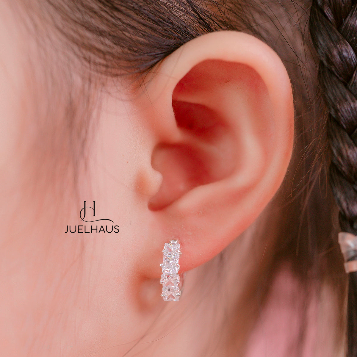 JUELHAUS Simple but extremely bright white single row white stone earrings, non-round style with extremely sturdy clasp