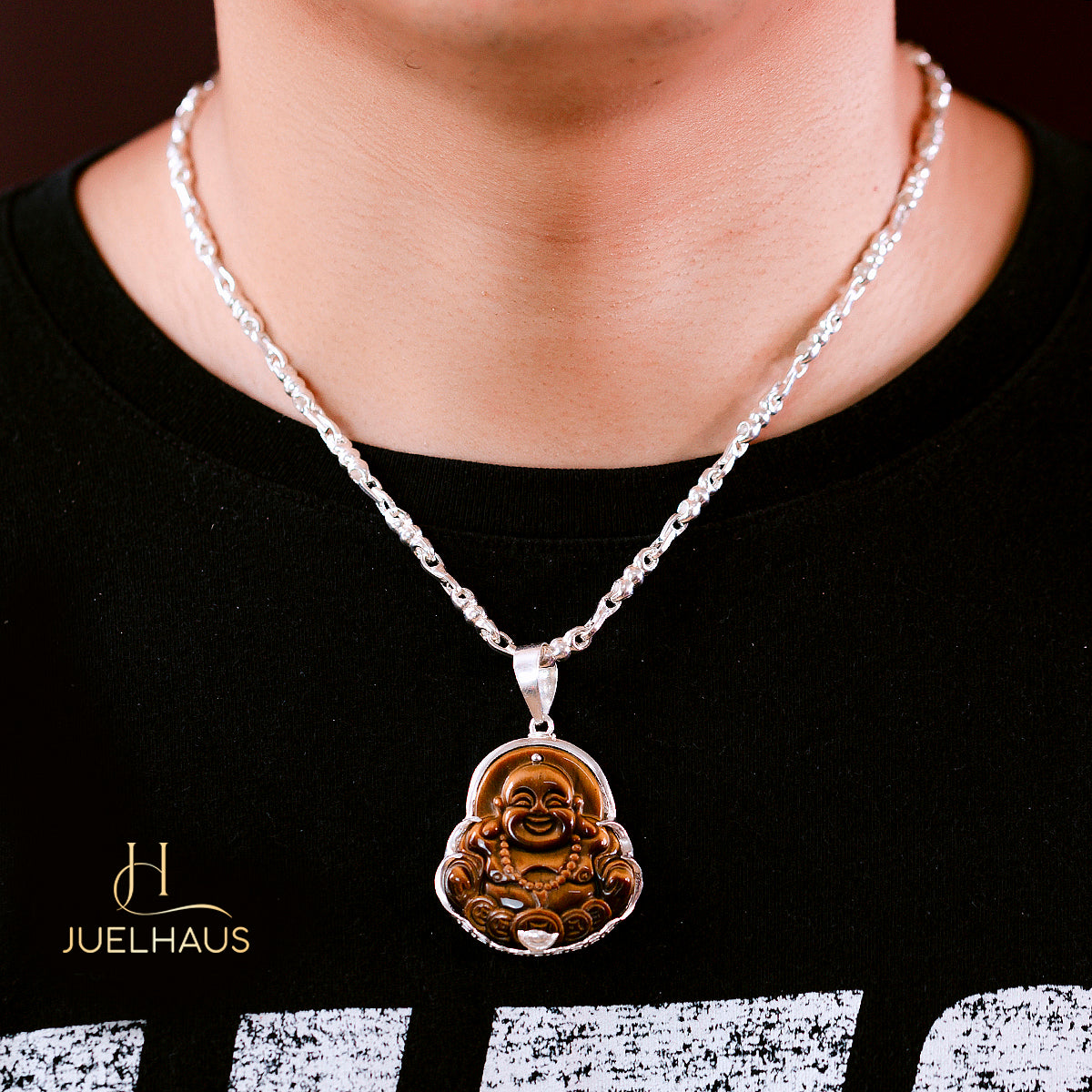 JUELHAUS Silver Pendant with Image of Laughing Buddha and Tiger Eye Stone, Available in 3 Sizes