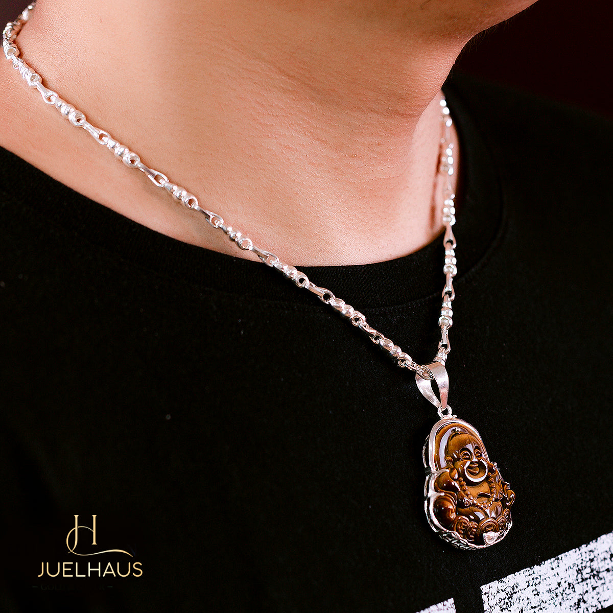 JUELHAUS Silver Pendant with Image of Laughing Buddha and Tiger Eye Stone, Available in 3 Sizes