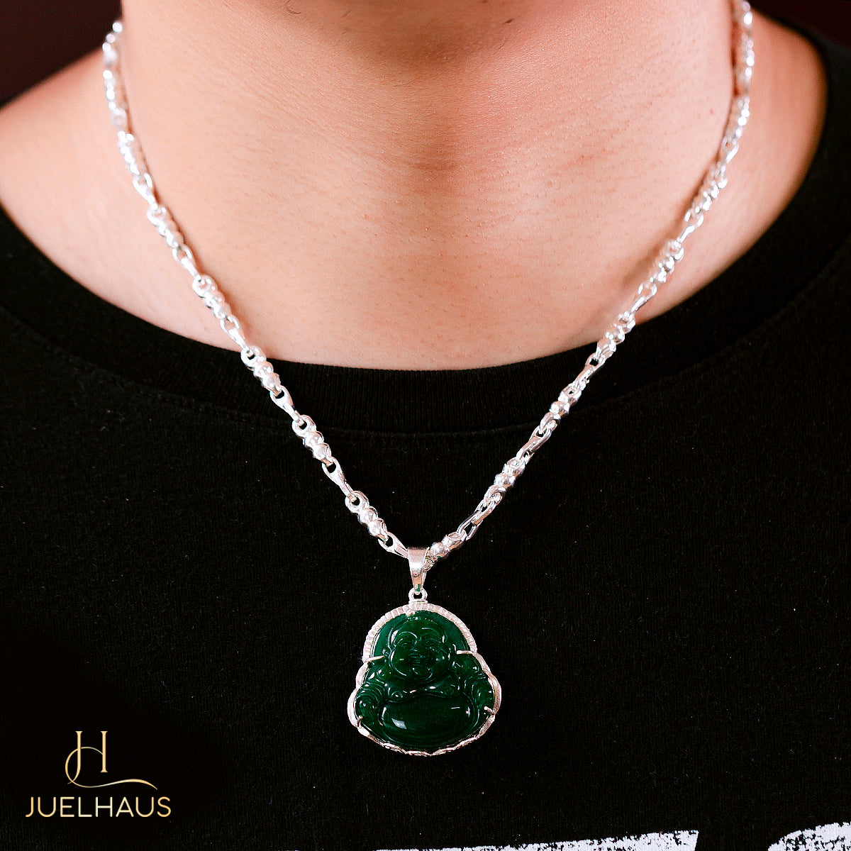 JUELHAUS Silver Pendant With Image Of Laughing Buddha, Green Jade Stone, Smooth Silver Border
