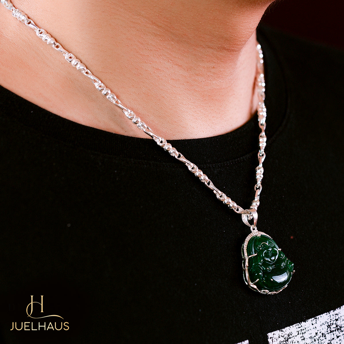 JUELHAUS Silver Pendant With Image Of Laughing Buddha, Green Jade Stone, Smooth Silver Border