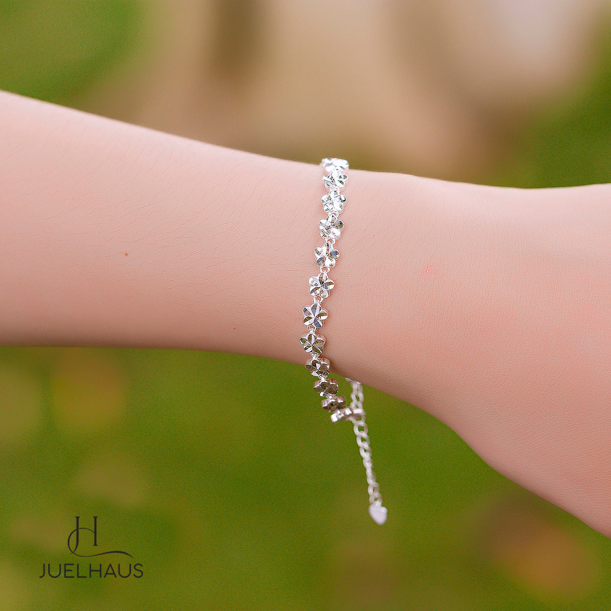 JUELHAUS S990 Pure Silver Bracelet for Women, Plain, No Stones, Shiny Flower Shape